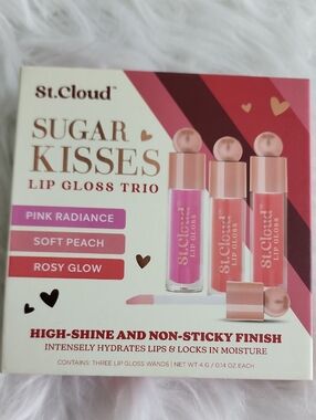 St. Cloud Sugar Kisses Lip Gloss Trio: Pink Radiance, Soft Peach & Rosy Glow NWT